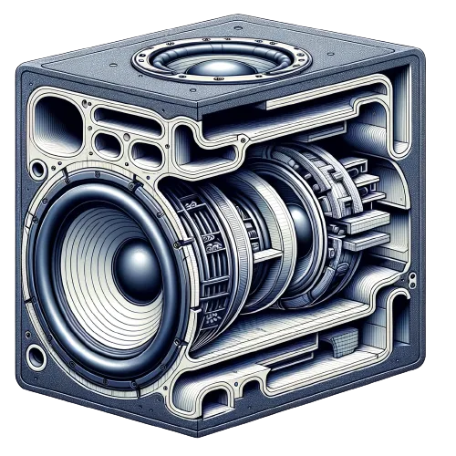 DALL E 2023 10 28 11.14.17 Illustration of a detailed cross sectional view of a bandpass subwoofer enclosure showing the two distinct chambers with the subwoofer situated betwe removebg preview