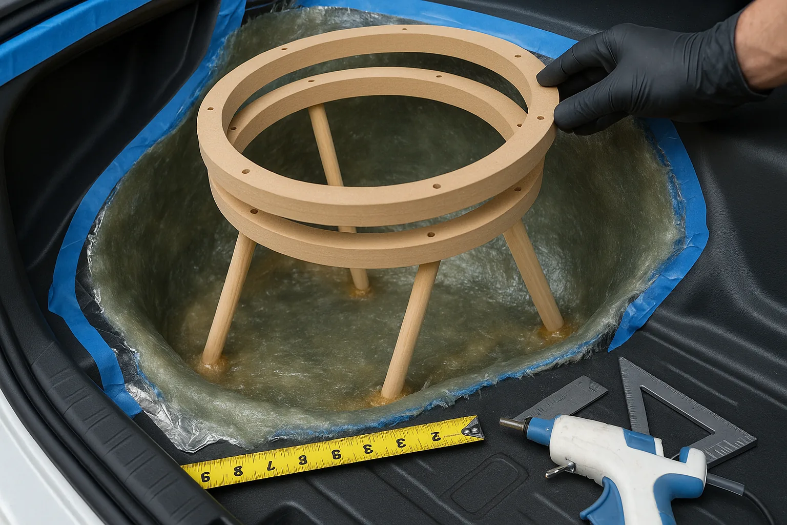 MDF ring and dowel framework positioned in fiberglass shell