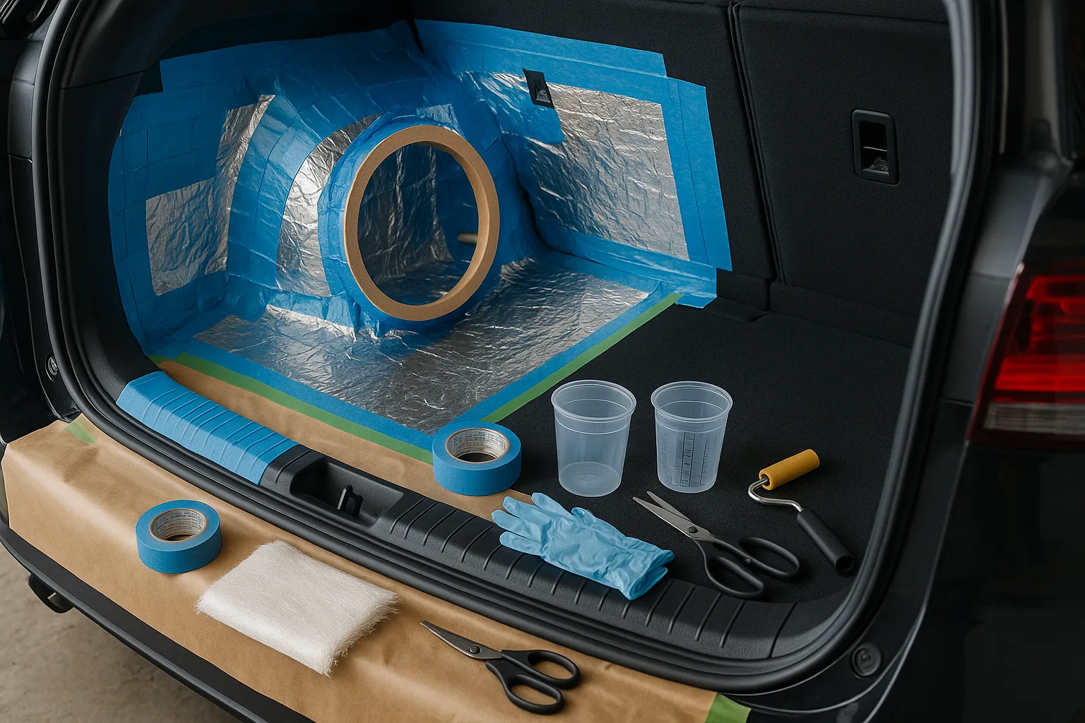 Vehicle cavity properly masked with tape protection for fiberglass work